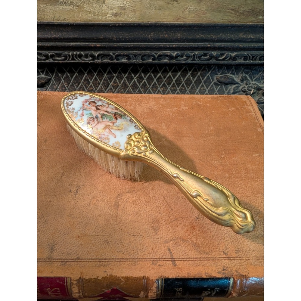 Vintage Gold Ornate Cherub Baby Hair Brush Porcelain Inset Victorian Style 6"